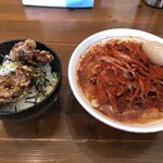 Yamaarashi Tenjoutenge Ryuuga Dokuson - 赤タン・3辛（1,050円）、味玉（+100円）、ミニザンギ丼（350円）