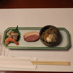 Tonosawa Ichi No Yu Honkan - 前菜　（海老 と 烏賊軟骨の辛子マヨネーズ和え、鴨のスモーク、？？？）