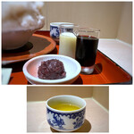 Kanmidokoro Takimura - ＊追加料金で練乳を追加しようか迷ったのですけれど、デフォで付いていて嬉しい。 黒蜜と共にタップリなのはいいですね。粒餡もセット。 ＊温かい「玄米茶」もセットなのですけれど、夏は冷茶がいいかしら。(^◇^;)