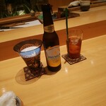 鮨 熊 - ノンアルコールビール一本目、相方の飲むウーロン茶一杯目