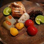 萌えぎ - 焼き物（のどぐろ塩焼き、蛸柔らか煮、冬瓜水晶煮、酢蓮根、栗、トマト）