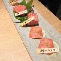 にく稲 - 塩肉盛り合わせ（タン元、内もも、フィレミニオン、赤身わさび焼き）