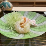 片折 - 〇喉黒とシラサエビ（石崎エビ）の湯通し　胡瓜の細切りと共に