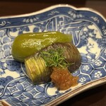 酒亭 田中 - お通し(深雪茄子の揚げ浸しと山科唐辛子 りんごドレッシング添え)