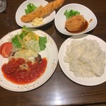 Resutoran Ru Marushe - 海老フライとハンバーグ　1,650円　コーンスープセット　500円　ライス大盛り＋50円　カニクリームコロッケ　420円