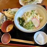 Teuchi Udon Jiyuuseki - 季節の天ぷら＋冷ぶっかけ（うどんの量は並）＋トッピングは温玉・梅干し