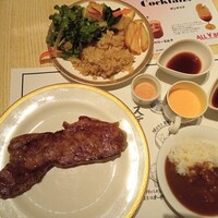 All Day Dining 紗灯 - ステーキ　温野菜　ガーリックライス　ポテトフライ　パケット　南瓜のブロマンジュ　スープ　カレー
