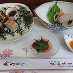 貴船茶屋 - 川床料理 ￥10,000 先付、八寸（季節の前菜）、お造り