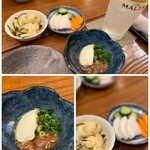 串焼き鈿 - お通しは、クリームチーズと鮪の酒盗。
            お口直しのガリと、浅漬けはお代わり可能。