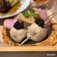お料理 七草 - 鶏松風､鮪とクリームチーズの松葉串にキャビア