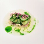 sio - 鯵とキヌア、きゅうり穂紫蘇の冷や汁イメージ。昨年度の戻り鰹お茶漬け再構築のサラダも美味しかった一方で、今年のもきゅうりと穂紫蘇、口どける焼き茄子がいい感じガスパチョがもう少し強くても面白いかも〜