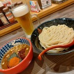 三田製麺所 - 灼熱つけ麺、3辛、中盛り、アツモリ、プラス生ビール。