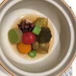 懐石 榎亭 - プチトマトに合わせて丸々大集合。オクラってこんなに発色良いの？と色味にも感動。