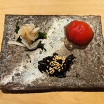 鮨 一二郎 - 菊菜と太刀魚昆布締め、トマト蜜煮、鰻肝
