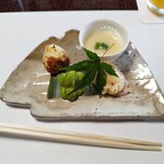 京亭 - 前菜は、オクラと山芋、合鴨ロース玉ねぎ南蛮乗せ、枝豆、海老真薯