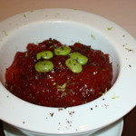 ラ・リューン - 雲丹とカボチャのソルベ　茄子の煮浸し　コンソメジュレがけ　ライム風味