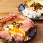 Meat Chicago pizza with Prosciutto and soft-boiled eggs