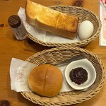 コメダ珈琲店 - 
【選べるモ－ニング】
❀〖クリームオ－レ〗(600えん)
①山食パン(ト－スト)
②A定番ゆで卵
③バター❀〖クリ－ムコ－ヒ－〗(580えん)
①ロ－ブパン
②Cコメダ特製おぐらあん
③バター