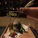 Japanese cuisine Kasuke - 八寸「涼風奏（玉蜀黍すり流し、旬棒寿司、鱧子寄せ、夏鹿、鬼灯、川海老、夏葵、枝豆、若玉蜀黍）」