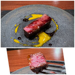 奈良屋町 青 - ＊のざき牛（鹿児島）は日本で初めて個人名を冠した最高級黒毛和牛。ランプですけれど、サシが入りサーロインに近い味わいで美味。卵黄のソースで頂くのが、すき焼き風なのかも。