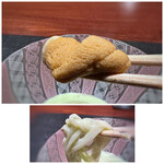 奈良屋町 青 - ＊赤雲丹らしい旨味を感じますね。 長尾製麺さんは福岡・浮羽にある有名な製麺所。滑らか食感の手延べ麺。