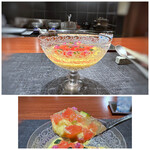 奈良屋町 青 - ＊見るからに美しい品で、オールドバカラの器も美しい。 玉蜀黍のムースは本来の甘みを感じ、滑らか食感。トマトも甘いこと。