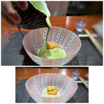 奈良屋町 青 - 長尾製麺のうどん、赤雲丹、枝豆と塩のソース ソースは提供後目の前でかけられます、緑が鮮やか。枝豆＋ほんの少しのお塩で調味されているそうですが、いいお味。