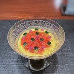 奈良屋町 青 - フルーツトマトとトマトを絞ったジュレ 、ズッキーニ、玉蜀黍のムース