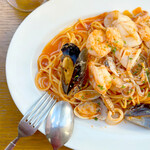 Seafood tomato sauce spaghetti pescatore