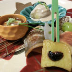 和楽 - ＜9月夜＞八寸、しず柚庵焼き、新銀杏松葉、生湯葉、いちじく酒蒸し、生麩田楽