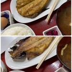 ヒモノ食堂 - 干物プラス⇒350円税込⇒小鉢、味噌汁、漬物、ご飯の定食