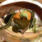 神保町 傳 - じぇじぇじぇ！な一皿「うに・蒸し鮑（肝ソース）・ほたて・海ぶどう」