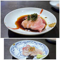 食堂 ぎんみ - ＊大トロと赤身・・この価格で大トロを出されるのは嬉しい。脂がのり美味しいこと。 ＊縞鰺は、海苔醬油で。縞鰺は好きなお魚ですし、海苔醬油が合いますね。