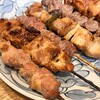 地鶏の鳥竹 - 手前から　かも串、ずり串、やわらかもも串、はさみもも串　