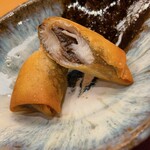 美会 - 鮎の揚げ春巻き。西瓜ソースと合わせます