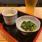 Oshimono Tsuki - お通し(茶碗蒸し、モロヘイヤ)
