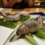 鄙の宿 金宇館 - 子持ち鮎の塩焼き、時間をかけて焼いてあり、頭から全て頂けて衝撃的に美味い