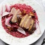 Pan-fried smoked duck and foie gras with beetroot risotto