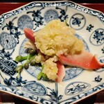 廣澤 - 【写真④】北寄貝、葱ソース、ミズの実、ライム