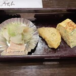 Chouchin - お通し440円、搾菜･ジャガイモ天ぷら･厚焼