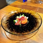 イル ネッビオ - クセのない北海道産夏の蝦夷鹿マリネと食感の良い蓮根のカルパッチョにアイコトトマトの甘酸っぱさとワサビの程よい刺激を加えたソルベはベストマッチでした(o^^o)