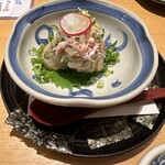 Sengyotempurasushitsuma - 鮮魚のなめろう（蟹味噌、蟹身、その他）