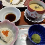 Hoteru Zekkei No Yakata - 帆立と茄子の白酢掛け、ずんだ餅、茶碗蒸し