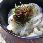 須崎食料品店 - 冷たいうどん。ねぎと青唐辛子の醤油漬けは持参で（笑）