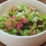 Fresh leaf salad with gizzard confit and smoked Wagyu beef heart