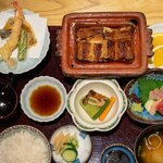 北御門 - 2023.9 元禄膳（4切 4,530円）蒲焼、味噌汁、ご飯、香の物、天ぷら、刺身、蓋物、フルーツ