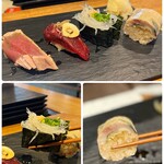 Ate Sushi Kijuurou - ◯あて鮨3店盛り¥1,100×2
                      ［生シラウオの薬味乗せ］［鯨のニンニク薬味醤油］［赤身の漬け］
                      
                      ◯鯖棒鮨 ¥280