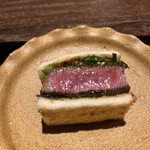 割烹 隆 - お昼のコース１１０００円。牛かつサンド。上質な牛肉をフライにして、トーストしたパンと合わせてあります。とても美味しかったです（╹◡╹）