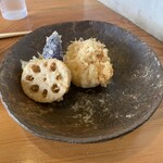 千寿 竹やぶ - 蓮根天、茄子天、海老のかき揚げ