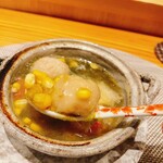 西麻布 清水 - 蝦夷鮑・ゴールドラッシュ・ミニトマト・小芋、青さの餡掛け